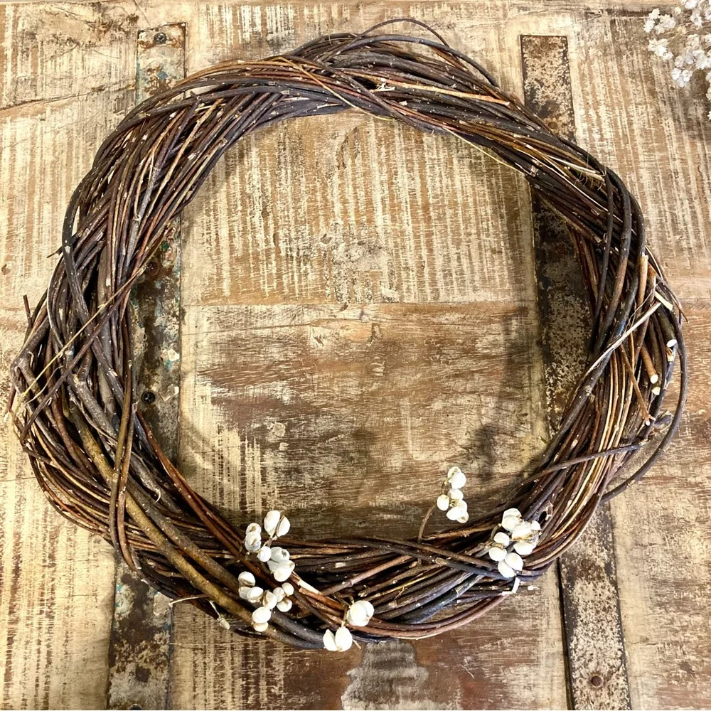 13” Natural Willow & Tallow Berry Wreath Neutral Rustic Decor Handmade Wreath